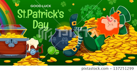 Happy St Patrick's Day banner with leprechaun and shamrock clovers, vector greeting card. Funny leprechaun character lying on gold coins, Irish holiday beer and rainbow for Saint Patrick's Day banner Happy St Patrick's Day banner with leprechaun and shamrock clovers, vector greeting card. Funny leprechaun character lying on gold coins, Irish holiday beer and rainbow for Saint Patrick's Day banner 137251299