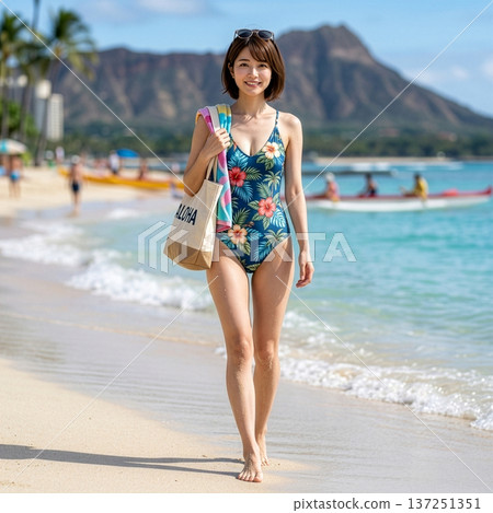 Woman in a swimsuit standing on a Hawaiian beach 137251351