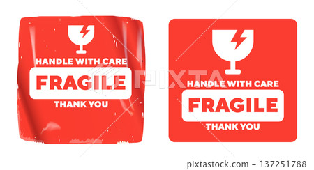 Fragile handle with care red square sticker set. Delivery shipping labels with broken glass icon and thank you text. Fragile Realistic textured and flat vector signs isolated on white background. Fragile handle with care red square sticker set. Delivery shipping labels with broken glass icon and thank you text. Fragile Realistic textured and flat vector signs isolated on white background. 137251788
