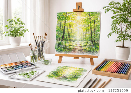 Creative art studio setup with watercolors, brushes, and green plants. 137251999