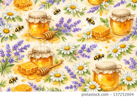 Golden honey and lavender floral background for organic branding. 137252004