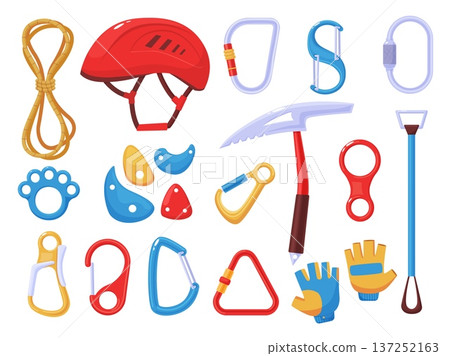 Cartoon climbing equipment. Rope, helmet, metal protection carabines. Extreme sport elements, climb axe, mittens. Professional mountaineering supplies, nowaday vector set Cartoon climbing equipment. Rope, helmet, metal protection carabines. Extreme sport elements, climb axe, mittens. Professional mountaineering supplies, nowaday vector set 137252163