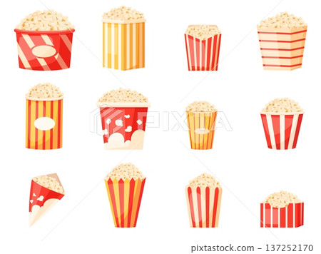 Cinema popcorn buckets. Various striped bucket and cone with pop corn. Cinema, circus, amusement park traditional snacks, fast food, nowaday vector set Cinema popcorn buckets. Various striped bucket and cone with pop corn. Cinema, circus, amusement park traditional snacks, fast food, nowaday vector set 137252170