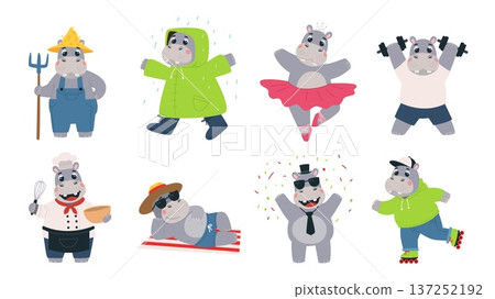 Funny hippo. Cute hippos various poses, cartoon childish mascots. Wild animal dancing, run under rain, cooking. Adorable farmer and athletes, classy vector set 137252192