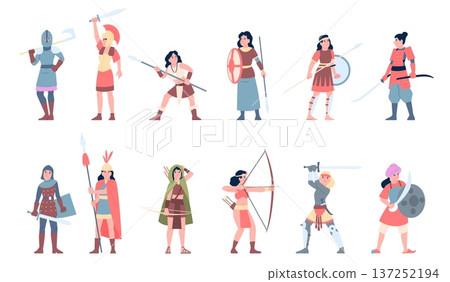 Female warriors. Girl warrior in armor with weapon. Scandinavian, anciet greek and roman war characters. Women with swords and axes, recent vector clipart 137252194