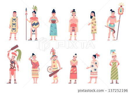 Maya civilization characters. Men woman ancient tribe citizens. Tribal warrior with weapons, shaman, housewife. Aztec culture in traditional clothes, recent vector set 137252196