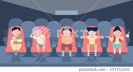 Children in movie theater. Kids watching 3d cartoon show or film. Toddlers sitting in cinema red chairs, eating popcorn, drink soda. Entertainment time recent vector scene 137252201