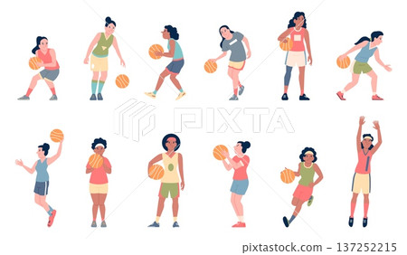 Female basketball players. Girls athletes in uniform play with ball, different poses sport characters. Workout, tournament, championship or hobby, recent vector set Female basketball players. Girls athletes in uniform play with ball, different poses sport characters. Workout, tournament, championship or hobby, recent vector set 137252215