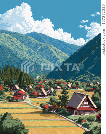 一幅美麗的插圖，描繪了原始的日本風景，包括雄偉的山脈、合掌造風格的村莊和藍色夏日天空下的金色稻田。 137252339