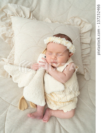 Peaceful newborn resting in minimal home environment with soft light and gentle textures. Newborn care visual suitable for parenting guidance, pediatric education, calm lifestyle and family wellbeing 137252466