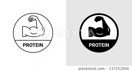 Gym biceps protein strong arm. Protein power muscular flex vector training symbol icon Gym biceps protein strong arm. Protein power muscular flex vector training symbol icon 137252800