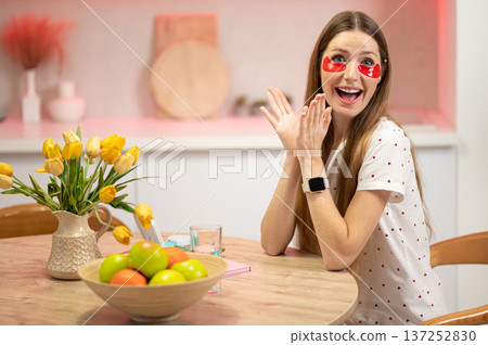 Pretty long-haired woman having beauty procedures and using eye patches Pretty long-haired woman having beauty procedures and using eye patches 137252830