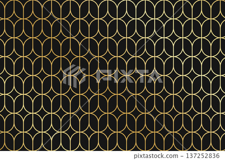 Art deco or nouveau pattern with repeated gold oval shapes on black background. Luxury geometric print. Elegant minimalistic wallpaper. Golden abstract ornament. Vector illustration Art deco or nouveau pattern with repeated gold oval shapes on black background. Luxury geometric print. Elegant minimalistic wallpaper. Golden abstract ornament. Vector illustration 137252836