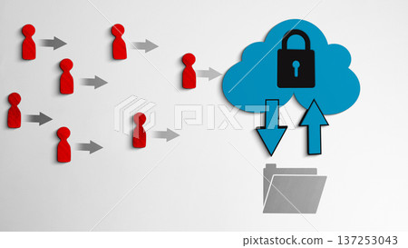 Conceptual illustration featuring red human icons accessing a secure blue cloud with a padlock, showing data upload and download to a folder, representing cybersecurity and data privacy Conceptual illustration featuring red human icons accessing a secure blue cloud with a padlock, showing data upload and download to a folder, representing cybersecurity and data privacy 137253043