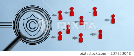 Magnifying glass focuses on a copyright symbol in shield, while red human figures with arrows point toward it, representing intellectual property protection, legal rights, and digital asset management Magnifying glass focuses on a copyright symbol in shield, while red human figures with arrows point toward it, representing intellectual property protection, legal rights, and digital asset management 137253048