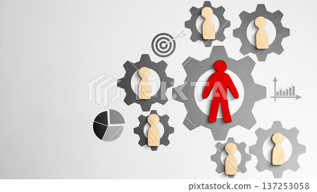Red wooden figure in large central gear surrounded by smaller gears with wooden people. Featuring business icons for targets and growth. Concept of leadership, human resources, and efficient teamwork Red wooden figure in large central gear surrounded by smaller gears with wooden people. Featuring business icons for targets and growth. Concept of leadership, human resources, and efficient teamwork 137253058
