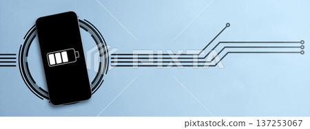 A black smartphone displaying a battery icon surrounded by stylized circuit graphics on a light blue background, representing wireless power transfer and modern energy technology A black smartphone displaying a battery icon surrounded by stylized circuit graphics on a light blue background, representing wireless power transfer and modern energy technology 137253067