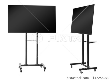Front and side views of a professional mobile TV cart with a large flat-screen monitor. Features a black metal frame on lockable wheels with a utility shelf, isolated on a white background 137253070