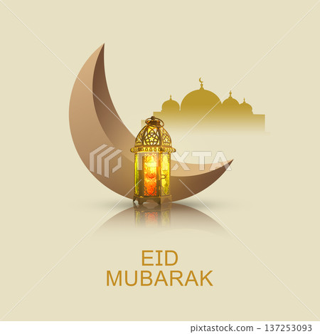 A beautiful Eid Mubarak greeting card featuring a glowing traditional Arabic lantern, a large crescent moon, and a mosque silhouette on a soft beige background with elegant reflections 137253093