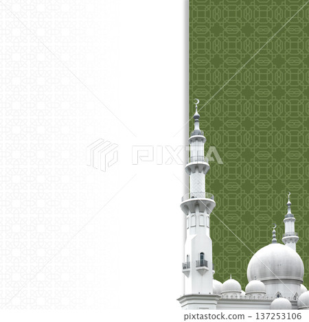 Islamic greeting card template featuring white mosque domes and minarets against a split white and green background with traditional geometric patterns. Includes copy space for Ramadan or Eid messages Islamic greeting card template featuring white mosque domes and minarets against a split white and green background with traditional geometric patterns. Includes copy space for Ramadan or Eid messages 137253106