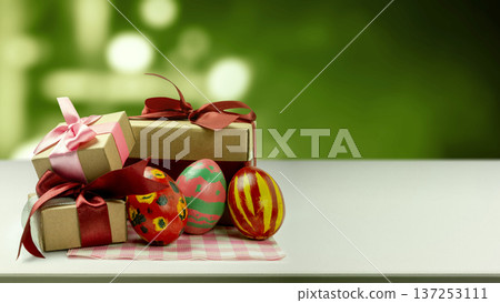 Painted Easter eggs with unique patterns and three brown gift boxes tied with pink and red ribbons on a white surface. Scene is set against a blurred green bokeh background with copy space for text Painted Easter eggs with unique patterns and three brown gift boxes tied with pink and red ribbons on a white surface. Scene is set against a blurred green bokeh background with copy space for text 137253111