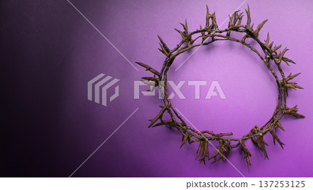 Symbolic crown of thorns placed on a textured purple surface with a soft gradient. Perfect for religious themes like Holy Week, Good Friday, and the Passion of Christ. Includes copy space for text 137253125