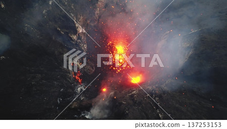 Yasur volcano actively erupting in a dramatic aerial drone view, showcasing hot molten lava exploding from the crater and flowing down the rugged volcanic landscape on Tanna Island in Vanuatu 137253153