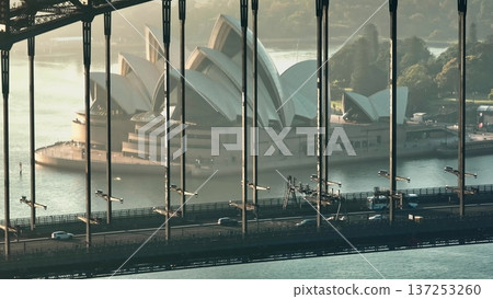 Australia, Sydney City: Cars driving across the Sydney Harbour Bridge at sunrise, with the Sydney Opera House in the background, creating a stunning cityscape. Modern architecture and urban transport Australia, Sydney City: Cars driving across the Sydney Harbour Bridge at sunrise, with the Sydney Opera House in the background, creating a stunning cityscape. Modern architecture and urban transport 137253260