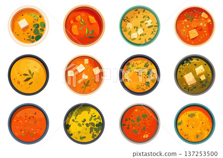 Set of cartoon different soups in bowls with top view, greens, vegetables and fruits, popular dish, tasty lunch, European cuisine, vector illustration 137253500