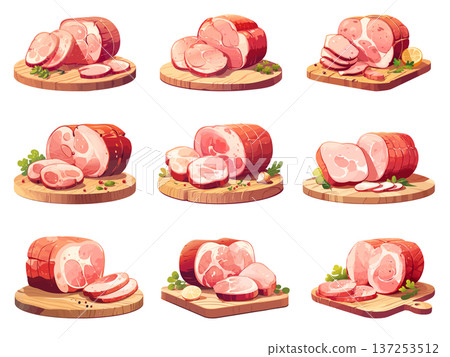 Set of cartoon cutting boards with pieces of ham and slices, decorated with vegetables, leaves, wooden cutting board round and square, vector illustration Set of cartoon cutting boards with pieces of ham and slices, decorated with vegetables, leaves, wooden cutting board round and square, vector illustration 137253512