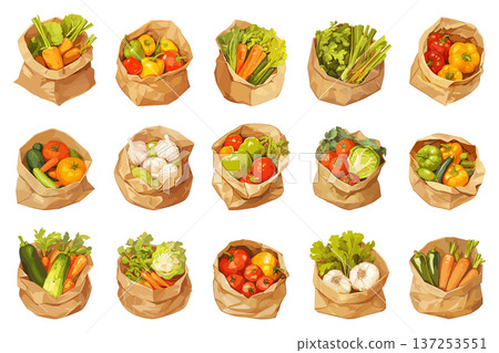 Set of cartoon bags with various vegetables, farm products, carrots, cabbage, tomatoes, garlic, peppers, eggplant, cucumber, lettuce, vector illustration 137253551