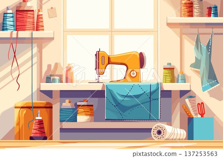 Interior of a cartoon tailors room with equipment and materials, a sewing machine on a windowsill, skeins of thread, tailor tools, working with fabric, embroidery, vector illustration Interior of a cartoon tailors room with equipment and materials, a sewing machine on a windowsill, skeins of thread, tailor tools, working with fabric, embroidery, vector illustration 137253563