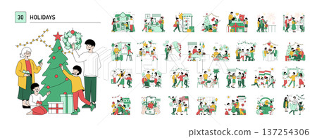 Family gathers to decorate Christmas tree with joy and excitement Family members engaged in festive activity, surrounded by gifts and ornaments Holiday spirit captured in vector illustration 137254306