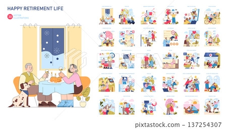Collection of vector illustrations depicting joyful retirement activities. Emphasizes family moments, travel, wellness, and digital literacy for a fulfilling retired life with emotional connections. 137254307