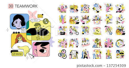 Vector illustration depicting teamwork through digital communication. Diverse individuals appear involved in collaborative tasks, reflecting unity, focus, and achievement in a colorful style. 137254309