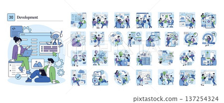 Vector illustration showing a group discussing software development with a robot assistant. Participants are engaged with laptops, emphasizing collaboration and technology integration. 137254324