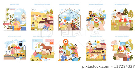 Vector illustration showcasing sustainable mini-farming with urban agriculture, livestock management, greenhouses, and eco-friendly packaging. Emphasizes reducing carbon footprint. Vector illustration showcasing sustainable mini-farming with urban agriculture, livestock management, greenhouses, and eco-friendly packaging. Emphasizes reducing carbon footprint. 137254327