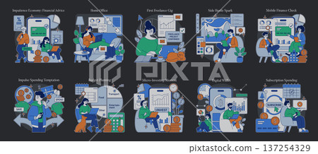 Vector illustrations depicting various financial concepts in modern life. Scenes include freelance work, budgeting, side gigs, and managing digital finances, highlighting dynamic activities. 137254329