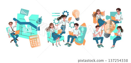 A creative vector illustration shows a team working collaboratively on business strategies and innovation. The image features individuals using laptops and discussing ideas, representing teamwork and A creative vector illustration shows a team working collaboratively on business strategies and innovation. The image features individuals using laptops and discussing ideas, representing teamwork and 137254338