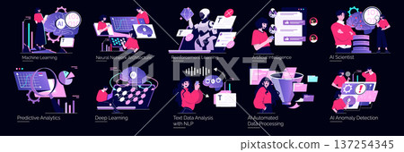 Vector illustration showcasing various AI and machine learning concepts, including neural networks, reinforcement learning, predictive analytics, and data processing. Ideal for educational and tech Vector illustration showcasing various AI and machine learning concepts, including neural networks, reinforcement learning, predictive analytics, and data processing. Ideal for educational and tech 137254345