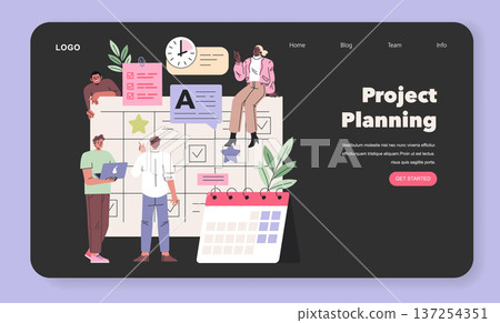 Team members collaborate on a project plan, discussing and organizing tasks on a board. Vector illustration depicts teamwork, planning, and creative collaboration. Team members collaborate on a project plan, discussing and organizing tasks on a board. Vector illustration depicts teamwork, planning, and creative collaboration. 137254351