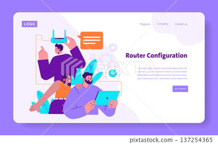 Vector illustration showcasing people configuring a router using digital devices. The image represents teamwork in a tech-oriented environment with a focus on connectivity setup. 137254365