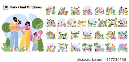 Family spending quality time in a park, engaging in outdoor activities and relaxation. Parents and children enjoy fresh air and nature, fostering connection and joy. 137254366