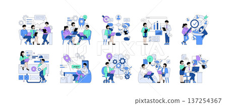 Vector illustration showing groups in a tech-focused environment using various digital tools. Depicts teamwork, project launches, data analysis, and artificial intelligence integration. 137254367