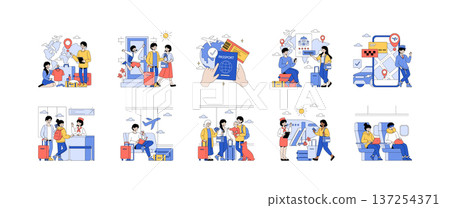 Vector illustration set depicting various travel and vacation-related activities. Images include packing bags, booking flights, using maps, and airport scenes, capturing joyful travel moments. Vector illustration set depicting various travel and vacation-related activities. Images include packing bags, booking flights, using maps, and airport scenes, capturing joyful travel moments. 137254371