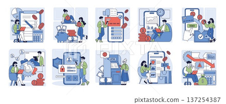 Vector illustration set showing people managing finances with technology, including online money transfers, mobile banking, cryptocurrency, financial security, and investment trends. Vector illustration set showing people managing finances with technology, including online money transfers, mobile banking, cryptocurrency, financial security, and investment trends. 137254387