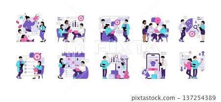 Vector illustration set of digital marketing and content creation scenes, including social media engagement, teamwork analysis, creative planning, and strategic online promotion. 137254389