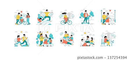 Vector illustration showcasing people engaging in outdoor activities like cycling, skateboarding, and running in a park while enjoying sunny weather and expressing joy and relaxation. Vector illustration showcasing people engaging in outdoor activities like cycling, skateboarding, and running in a park while enjoying sunny weather and expressing joy and relaxation. 137254394