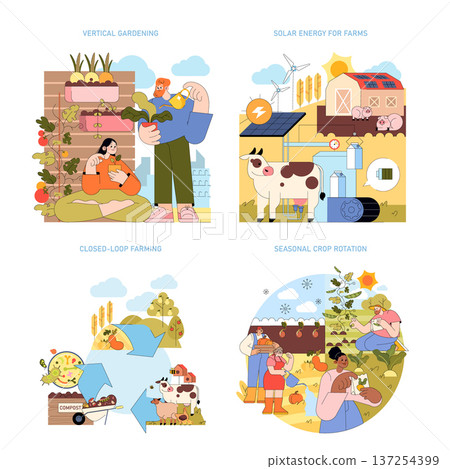 Vector illustration depicting various sustainable farming practices. Scenes include vertical gardening, solar energy for farms, closed-loop farming, and seasonal crop rotation. 137254399