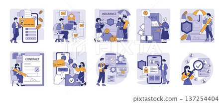 Vector illustrations depicting various financial interactions. Images include mobile banking, insurance discussions, ATM usage, contract signing, and security. Characters show engagement and 137254404